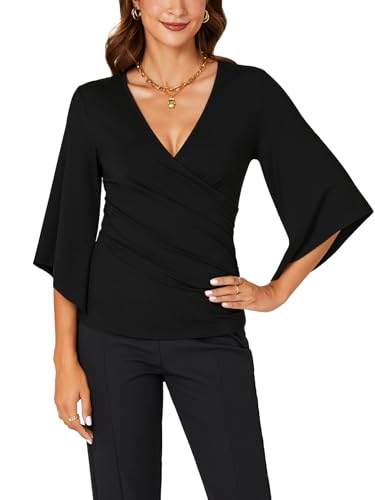 KIFOVEN Women’s 3/4 Bell Sleeve Tee Shirt Deep V Neck Wrap Ruched Slim Fit T Shirt Blouse Top2
