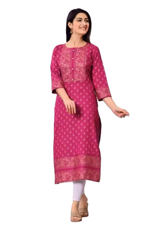 Image of Women's Printed Straight Kurta, 3 /4 Sleeves, Round Neck, Ethnic Floral Print, Casual Wear