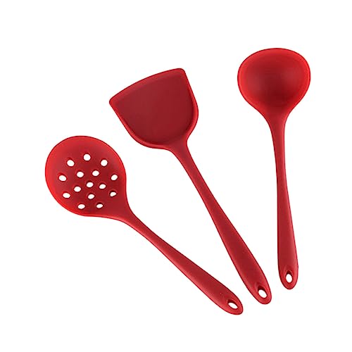 GRIRIW 3pcs Silicone Cooking Utensils Set Heat Resistant Non Stick Kitchenware Kit Red Food Grade Silicone Ergonomic Design for Versatile Cooking Easy Storage with Hanging Loops