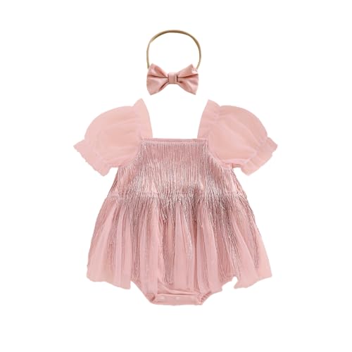 Kuriozud Newborn Baby Girl Summer Clothes Sequin Fringe Romper Dress Puff Short Sleeve Tulle Romper Cute Sparkling Clothes
