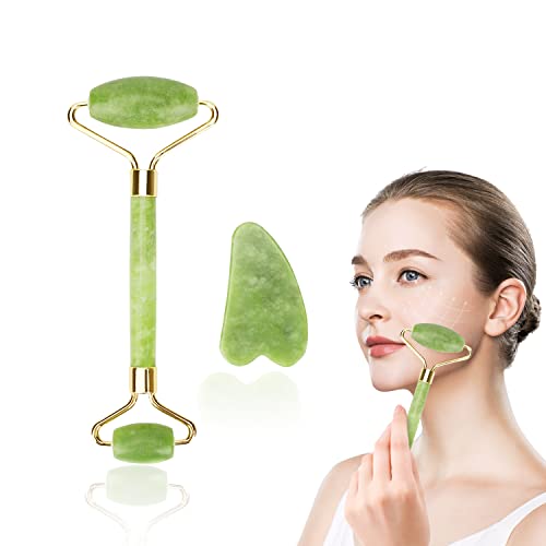YISHIQIJade Roller & Gua Sha Facial Tool, Skin Care Jade Roller Face Roller Massager for Women, Beauty Facial Roller Massager Tools for Face, Eye, Neck, Reduce Wrinkle & Dark Circle