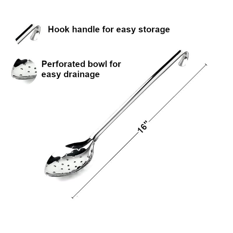 Professional Serving Spoons with Hook Handles, 16 Inch, Set of 4, Silver, Solid & Perforated, Kitchen and Servingware, Spoon Set - Image 5