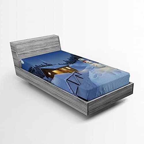 Ambesonne Winter 2 Pack Fitted Sheet, Rustic Wood Cottage, Bed Cover All-Round Elastic Deep Pockets 2 Pieces, Package Contains 2 Twin Size Fitted Sheets, Sky Blue