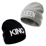 WinHoliLux 2er Set Beanie Strickmütze,Weihnachten Partner Pärchen Geschenk King Queen Winter Mütze,Wintermütze für Paare,Strickmütze für Sie und Ihn,Warm Beanie mit Spruch King/Queen,grau schwarz