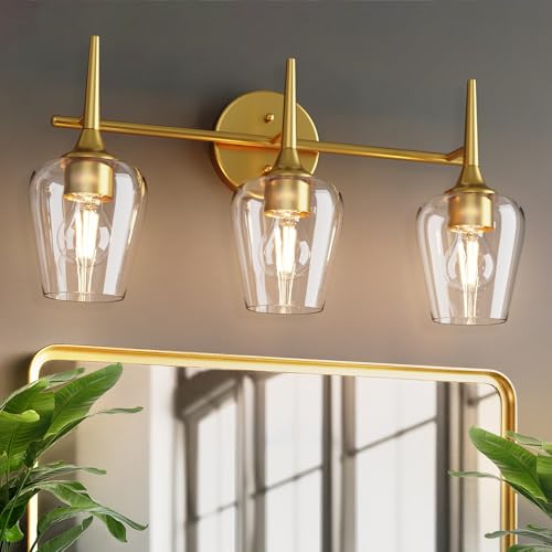 Image of 22 Inch 3-Light Gold Bathroom Vanity Light Fixtures | Wine Glass Clear Glass Wall Sconce, Modern Wall Mount Light for Bathroom, Hallway, Bedroom