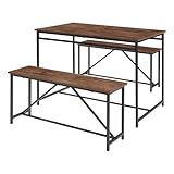 Panana 3 Piece Dining Room Table Set 43 Inch Kitchen Table with Two Benches Breakfast Table Top with Sew Kerf Finish Metal Frame Dining Room Home (Black Brown)