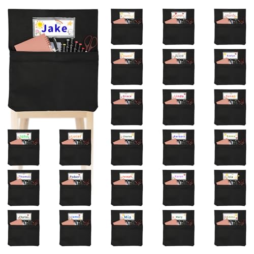 NURATIT 24 PCS Chair Pockets for Classroom, 20 x 17 Inch Extra Large Seat Sacks with Name Tags, Heavy-Duty Oxford Fabric Chair Organizers for School, Home, Office – Black