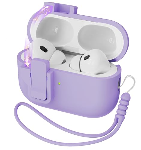 MHYALUDO Compatibile con custodia AirPods Pro 2nd Generation Case Cover,Gomma siliconica liquida Auto Pop-Up Grado militare Anti-Caduta Silicone morbido per AirPods Pro,LED frontale visibile,Viola uva