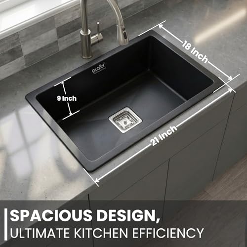 Image of Gloxy Granite Quartz Kitchen Sink 21x18x9 Inch - Grey Matte FInish Quartz Premium Single Bowl Sink For Kitchen With Coupling Hose Pipe and Drainer Basket - Undermount /Topmount - 3 Years Warranty