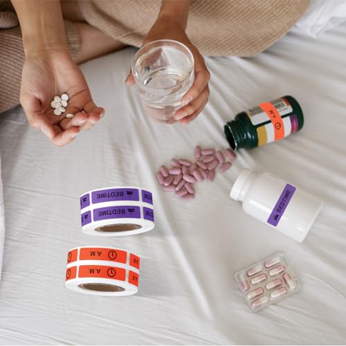 Image of Medicine Stickers Medication Instruction Label Permanent Paper Label AM NOON PM Bedtime for Pill case Planner 0.4 * 1.6inch (500 per Roll 4 Pack)
