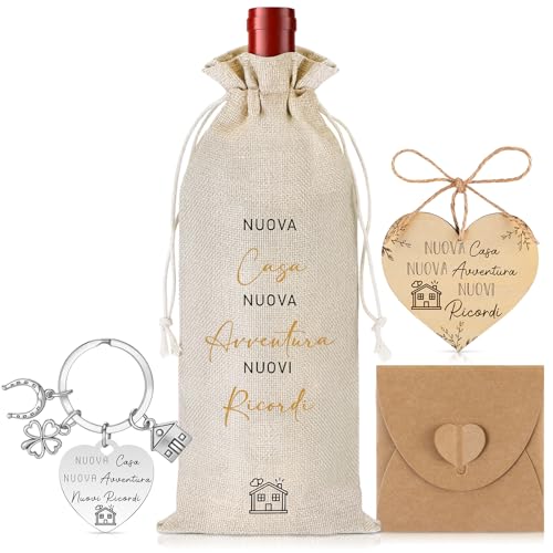 Otuuz 5 Piezas Regalos para Casa Nueva Soporte para Botella de Vino Tinto Llavero Etiqueta de Madera en Forma de Corazón Sobre Regalo de Inauguración Para Mudanzas Vecinos Amigos Familiares