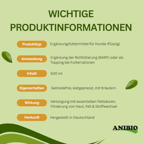 Anibio Barf Öl 500ml – All-in-One Öl-Complex 5 mit Kräutern für Hunde | Kaltgepresste Ölmischung mit Omega 3, 6 & 9 | barfen | Barföl | Made in Germany