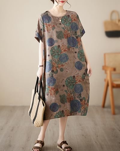 Image of LUZU JUNU Women's Summer Baggy Plus Size Loose Cotton Linen Long Boho Beach Dress with Pockets