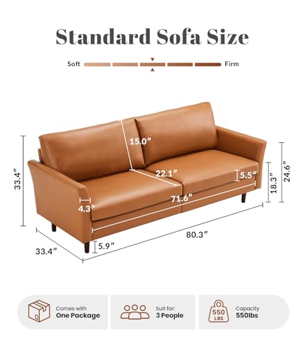 Image of Kingfun 80 inch Faux Leather Sofa Couch, Mid Century Modern Leather Couch with Rolled Arms and Deep Seats, Brown Leather Sofa for Living Room, 3-Seater Couch for Apartment, Office and Bedroom, Mid Brown