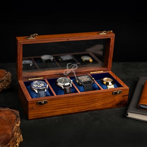 Image of Royal Craft Expertise 4 Slot Wooden Watch Organizer for Men - Luxury Watch Storage Case | Glass Top Watch Display Holder | Indian Rosewood Timepiece Box