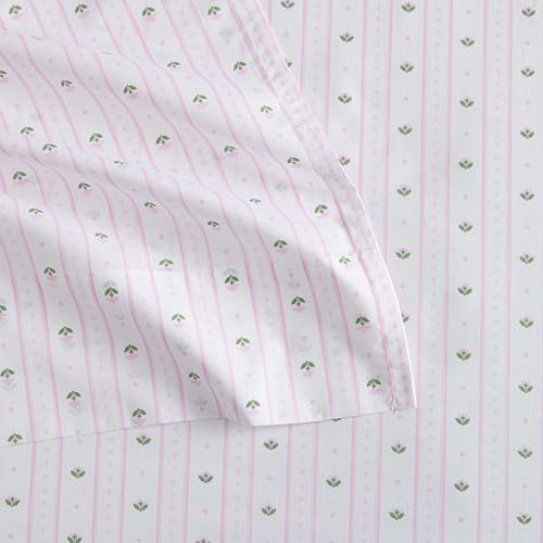 Image of Martha Stewart - Full Size Sheet Set, Crisp & Tailored Sheets with a Smooth Cotton Percale Feel - Floral Bed Sheets with Matching Pillowcases & Fitted Sheet (Floral Stripe Pink)