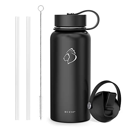 BUZIO Edelstahl-Wasserflasche (kalt für 48 Stunden, heiß für 24 Stunden), 940 ml vakuumisolierte Wasserflasche mit Strohhalm-Deckel und Flex-Kappe, schwarz Cover