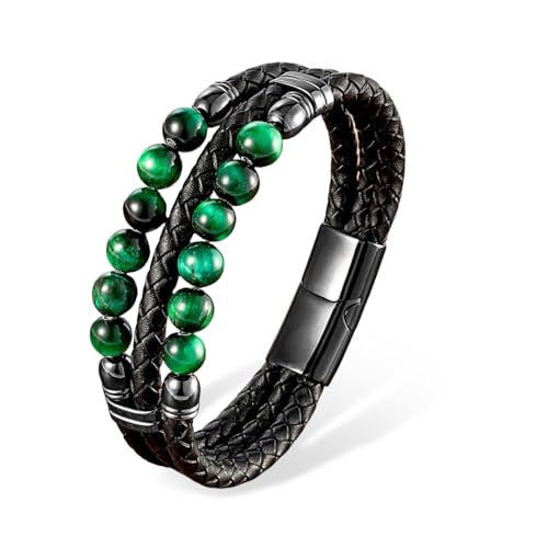 Pulsera trenzada de cuero para hombre con piedras Ojo de Tigre miniatura 1