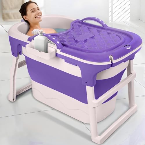 Masiunoz 40" Foldable Bathtub, Portable Plastic Soaking Tub with Thermal Cover, Drain Pipe, Large Space Design for Adults, Easy to Store and Carry, 105cm x 67cm x 72cm(Purple)