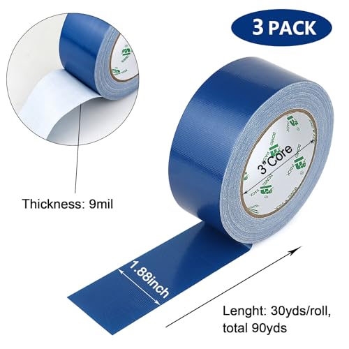 Image of BOMEI PACK Dark Blue Duct Tape, 3Rolls Heavy Duty Strong Industrial Color Duct Tape 9mil x 1.88inch x 30yds for Packing and Repairing