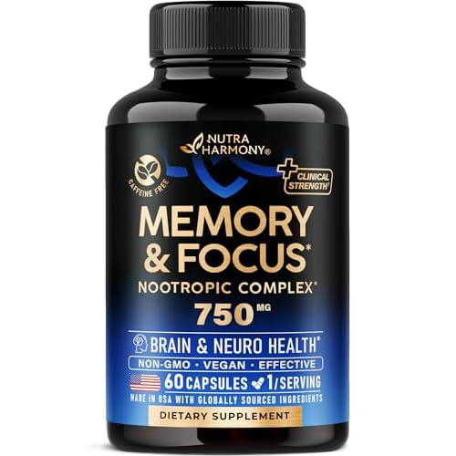 Brain Supplement for Memory & Focus 750 mg - Magnesium | L-Theanine | Bacopa Monnieri | Ginkgo Biloba | Lions Mane - 12in1 Nootropic Complex for Neuro Health - Caffeine-free - Made in USA, 6