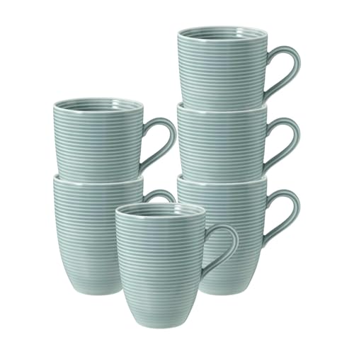 Seltmann Weiden Beat Color Glaze Becher mit Henkel 6er Set, 350 ml, Kaffeebecher mit Rillen-Relief, Porzellan, Arktisblau