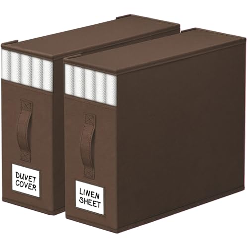 Image of StorageTastic 2 Pack Bed Sheet Closet Organizers and Storage,Sturdy Foldable Storage Containers with Window and Label,Storage and Organization for Bedding Sheets,Duvet Covers,Blankets (Brown)