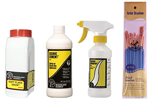 Woodland Scenics, Soft Flake Snow, Scenic Cement, and Scenic Sprayer (Pack of 3) - with Make Your Day Paint Brushes