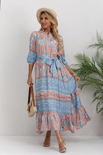 Image of Women Boho High-Waist Floral Print Maxi Dress 3 /4 Sleeve Casual | Soft Rayon, Breathable, Quick-Dry. High-Waist with Adjustable Belt, Flattering Hem. Ideal for Beach, Work & Dating.