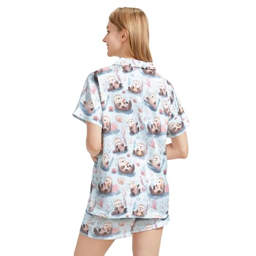 Image of Silk Satin Pajama Set for Women Summer Lounge Pjs Sets 2 Piece Suit Ladies Button Down Tops And Shorts Sleepwear