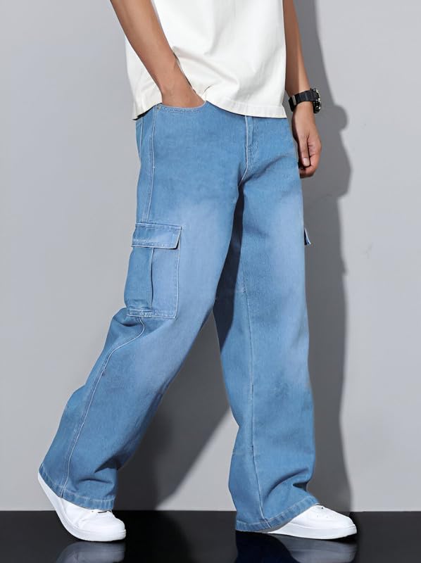 Image of Ben Martin Men's Denim Cotton Cargo Jeans || Stretchable Baggy Fit || High Waist Loose Cargos for Men with Box Pockets || Stylish Gen-Z Streetwear || Sizes 28-40 || Black, Khaki, Grey & More (1)