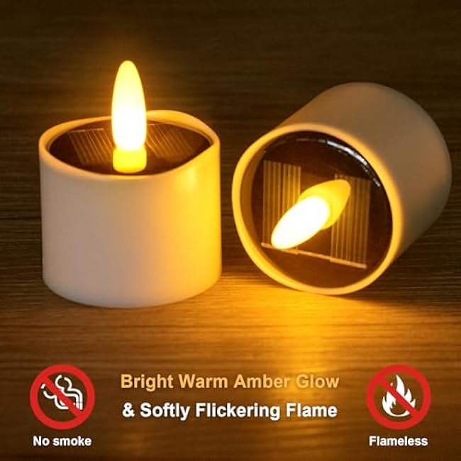 HL Solar Tea Lights Outdoor Waterproof, 6PCS Flickering Flameless Candles, Dusk to Dawn Rechargeable Battery LED Votive Tea Lights for Lantern, Garden, Camping, Home Decor (Warm White, 2.4''x2'')