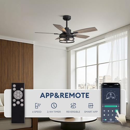 Image of 42 Inch Flush Mount Ceiling Fans with Lights and Remote Control, Farmhouse Ceiling Fan with LED Lighting for Bedroom Living Room and Patio, Black Caged Ceiling Fan for Indoor and Outdoor(NO Bulbs)