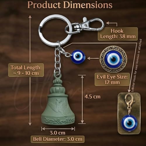 Image of OTTAVO Premium Guardian Bell Keychain for Bike & Car | Tibetan Texture Bell Keychain with Evil Eye & Silver Hook | Good Luck Charm with Laser-Engraved Wooden Gift Box