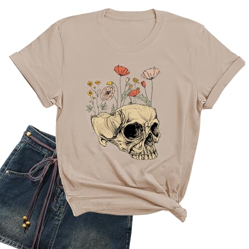 Women Funny Shirts Novelty Skull Graphic Tees Vintage Skeleton Tshirt Casual Gothic Short Sleeve Holiday Tops