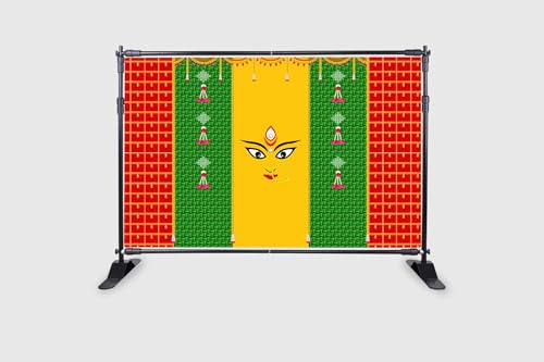 Image of Durga MATA Face on Weaved Green Coconut Leaf and Hanging Bells Design Backdrop for Pooja Decoration Traditional Curtain Cloth for Festival Size 5Feet Height and 8Feet Width(5 * 8)