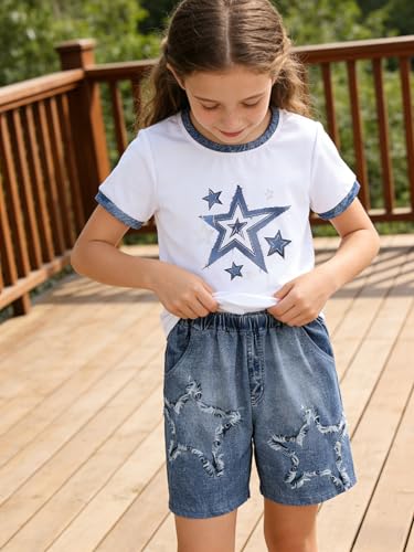 Image of Ayzozuy Kid Girl Clothes Shorts Set 2 Piece Outfits Summer Casual Short Sleeve Top and Shorts Set for Girls 4-7