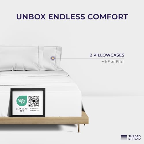 Image of THREAD SPREAD 100% Egyptian Cotton King Size Pillow Cases Set of 2 - Luxury 2000 Series Pillow Cases King Size (21 inch x 41 inch, White), Soft Cooling Envelope Closure Hotel Egyptian Cotton Pillowcases