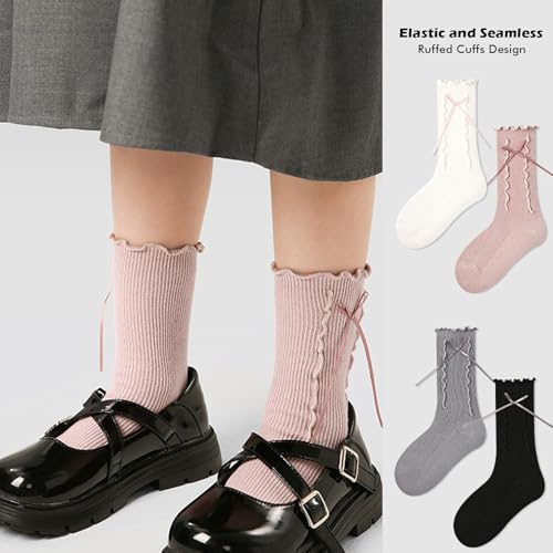 Girls Socks Crew Socks Mid-Calf Ruffed Lace Cuffs Bow Ribbed Lines Design Solid Fashion Socks for Girls 1 Pair3