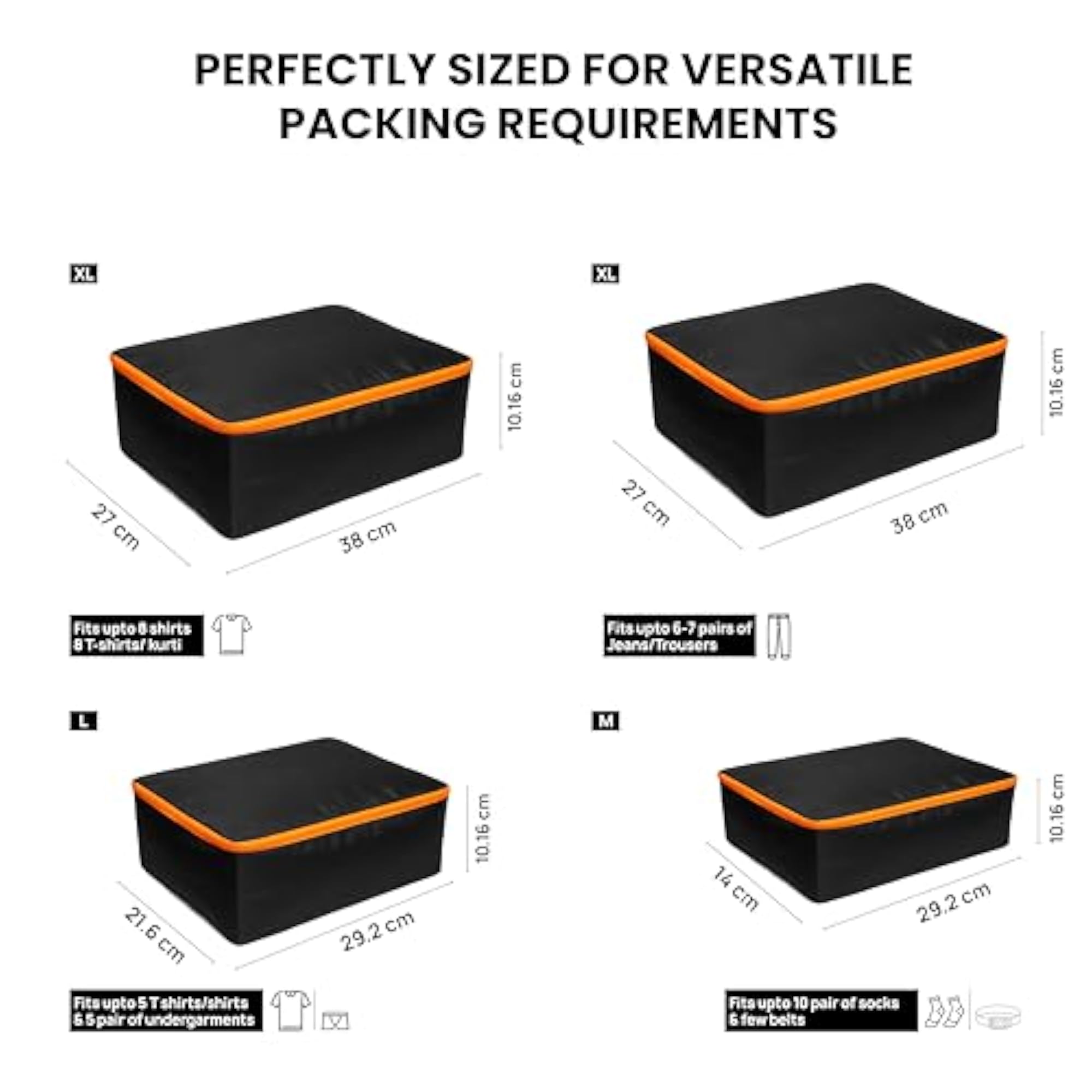 Travel Packing Cubes, Black Fabric Organizer Pouch Set of 4
