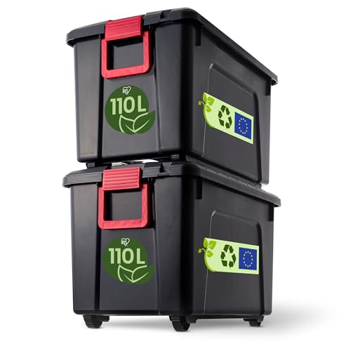 Iris Ohyama, große Kunststoff-Aufbewahrungsbox, 110 l Garagen-Aufbewahrungsbox, 2er-Set, SIA-110, schwarz, stapelbar, Verschlussklammern – B75 x T44,5 x...