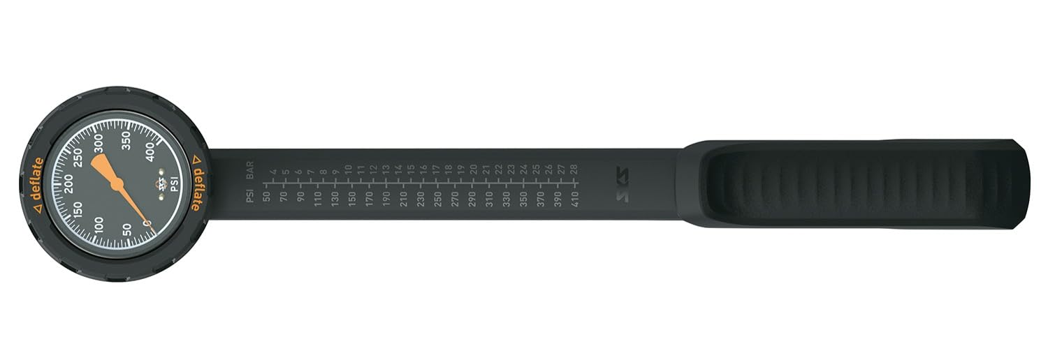 SKS GERMANY USP Dämpferpumpe, mit extra großem Manometer, für AV-Ventile | Pumpe, drehbarer EPDM-Schlauch, Druckablass-Funktion, Ventilkopf mit zweistufiger Verschrauubung, max. Druck: 27,5 bar/400PSI