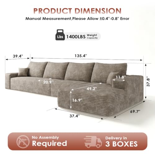 Image of Boneless Couch, Modular Sectional Couches for Living Room, U-Shaped Cloud Couch Sofa with Deep Seat, Fluffy Corduroy Upholstered Corner Sofa