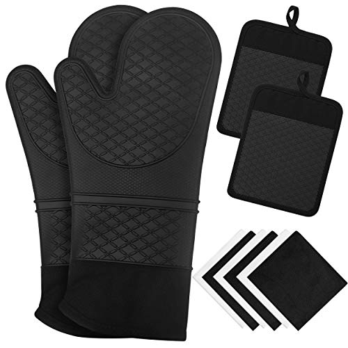 10 Pcs Silicone Oven Mitts and Pot Holders, 450â„‰ Heat Resistant Oven Mitts with Kitchen Towels Soft Cotton Lining and Non-Slip Surface Safe for Baking, Cooking, BBQ