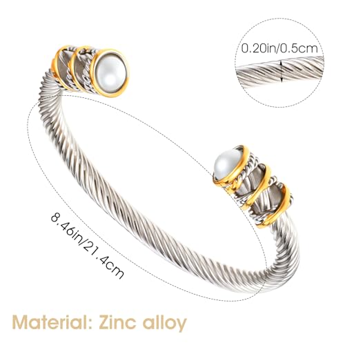 Twisted Cable Bracelet Antique Twisted Cable Bracelet Wire Bangle for Women with Composite Shell Pearl Antique Cuff Bracelets Inlay Alloy Cuff Bracelets for Women 8.5 "2