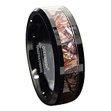 QUEENWISH 6mm /8mm Black Tungsten Camo Wedding Rings For Men & Women Hunting Camouflage Inlay Engagement Couples Jewelry Band Beveled Edges Comfort Fit