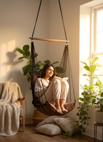Image of Patiofy Soft Cotton Hammock Hanging Swing for Adults & Kids /Swing Chair for Home /Jhula for Adults /Swing for Living Room /Swing for Home Balcony /Hanging Jhula Chair (Brown)