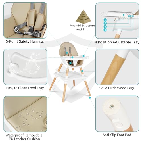 Image of 6 in 1 High Chair for Babies & Toddlers, Convertible Wooden Baby Highchair, Table and Chair Set, Baby Feeding Chair, 5-Point Adjustable Harness /4-Position Removable Tray& PU Seat Cushion(Beige)