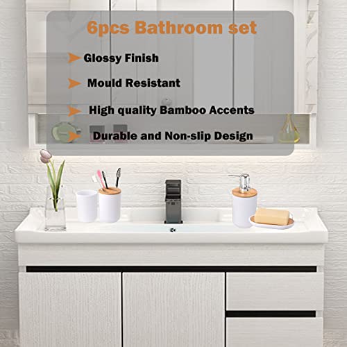 Yorkmills Bamboo Bathroom Accessories, 6 Pieces White Bathroom Accessory set, Bathroom Bin Toilet Brush Set - Image 3