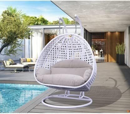 Image of OMANSH Double Seater Swing Chair with Stand & Cushion & Hook Outdoor || Indoor || Balcony || Garden || Living Room (White-Grey)